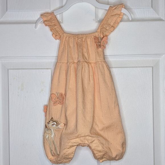 Disney Baby Spring Pink Embroidered Bambi & Butterflies Ruffle Strap Romper 6-9M - Picture 1 of 12
